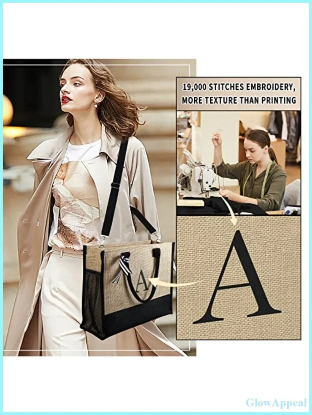 Personalized Initial Jute Tote Bag with Makeup Pouch, Monogram Gift for Women